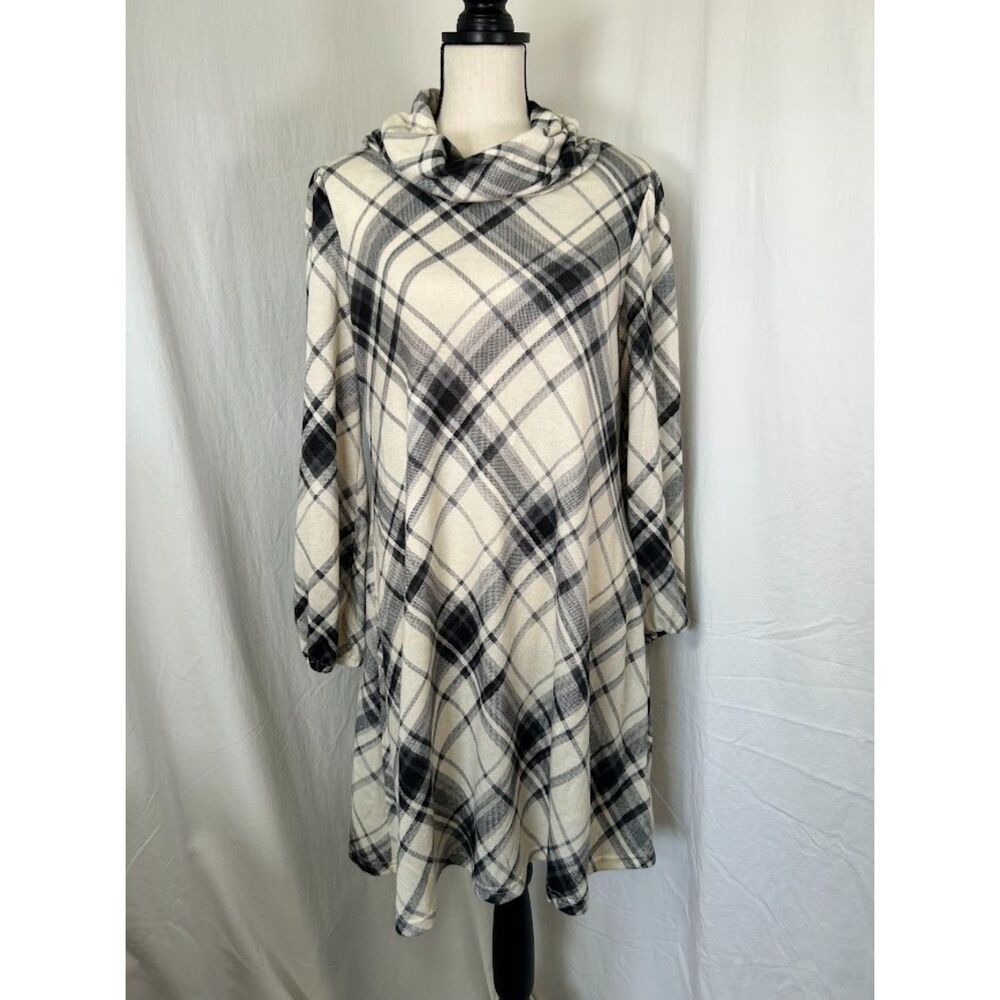 Chetta B Plaid Flannel Trapeze Dress Black & Cream Removable Cowl Size Med